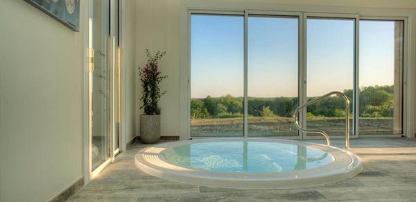 Grand jacuzzi rond, plante et vue sur vignoble depuis baies vitrées