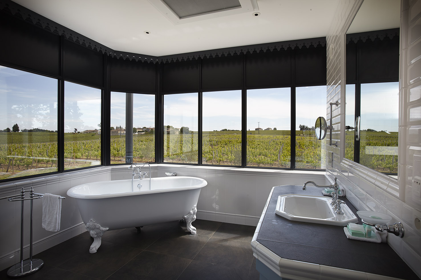 Salle de bains avec baignoire à l'ancienne vue sur vignoble