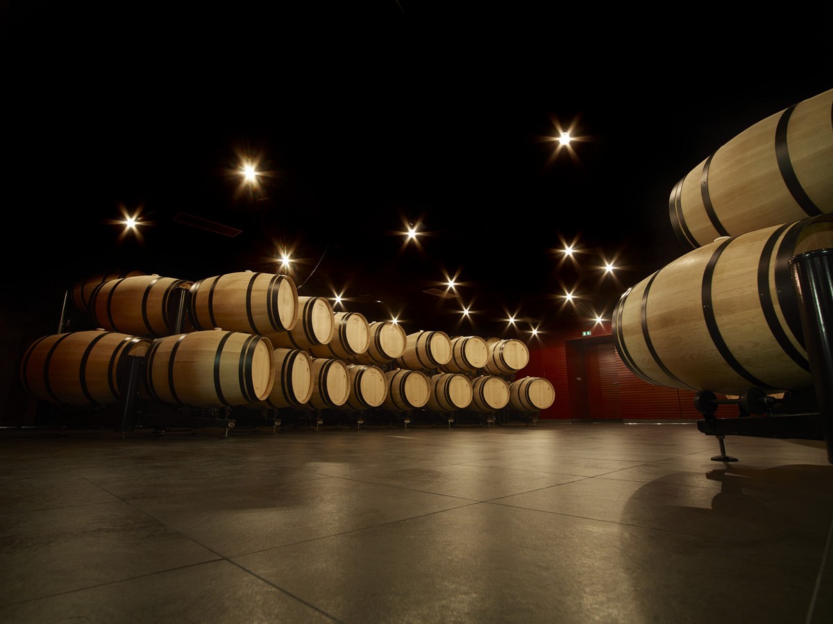 Chai à barriques vin avec plafond noir avec étoiles