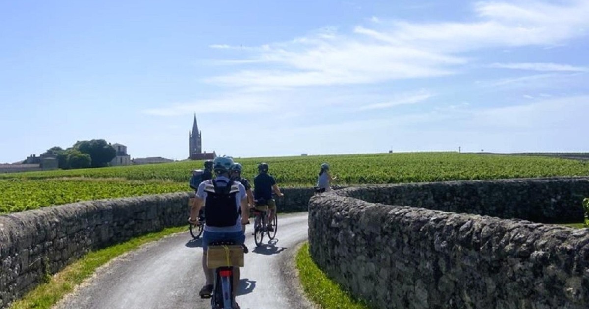 Groupe de cyclites avec casques et sac à dos sur la route des vins et des vignobles