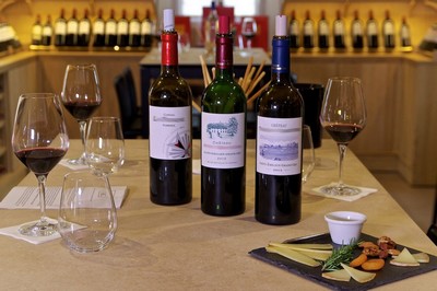 Bouteilles de vin rouge sur table avec verres de vin